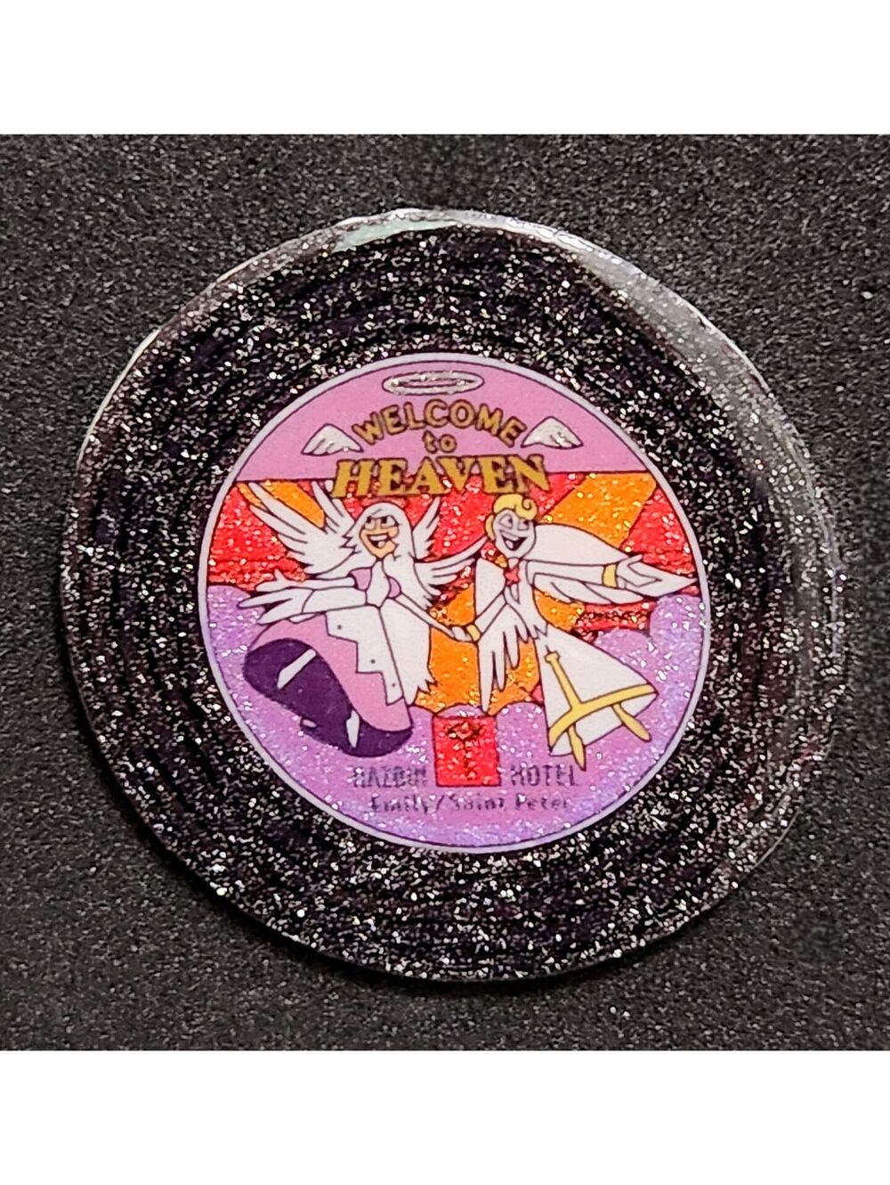 Emily & Saint Peter, Welcome to Heaven vynil record glitter pin - Hazbin Hotel